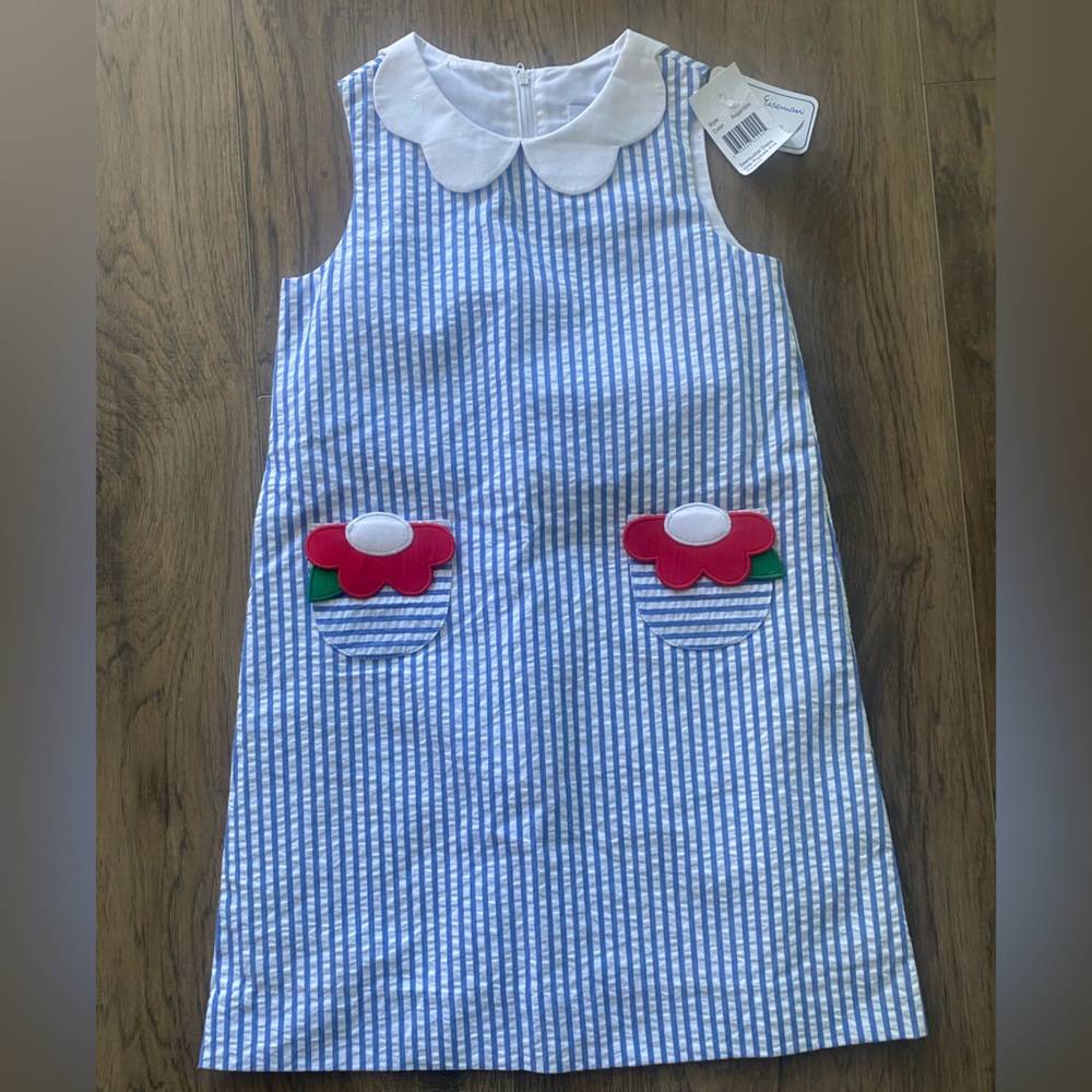 Florence Eiseman Blue & White Seersucker Dress w/ pockets & flowers girls 6 NWT